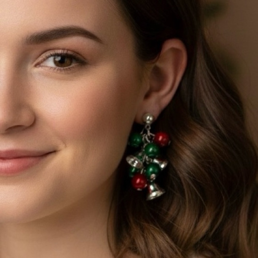 Christmas Ball and Bell Cluster Dangle Earrings Red Silver Green